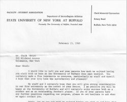 Recruiting letter from Doc Urich, University of Buffalo. February 13, 1968.