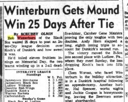 Winterburn Gets Mound Win 25 Days After Tie. <em>Post-Journal</em> (Jamestown). June 25, 1960. Winterburn Gets Mound Win 25 Days After Tie. June 25, 1960.