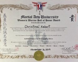 Women's Warrior Hall of Honor certificate. November 11, 2019