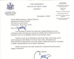 Assemblywoman Cathy Young's letter congratulating Wally Huckno on his retirement, December 4, 2003.
