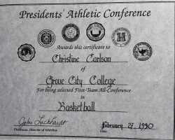 Chris Carlson was a First-Team All-Conference basketball selection in 1990 at Grove City College. Chris Carlson was a First-Team All-Conference basketball selection in 1990 at Grove City College.
