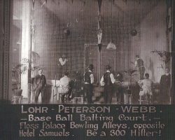 An indoor batting practice court at the Floss Bowling Alleys - Billy Webb instructor, on far left.