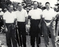 Left to right: Toby Lyons (Moon Brook pro), Arnold Palmer (professional golfer), Art Wall (professional golfer), Ben Bishop (Moon Brook club champion).