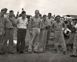 Left to right: Bill Rexford, Floyd Rowland, unknown, Bob Fisher, Wendell Anderson, unknown, unknown, Joe Ott, Mike Day. Photo taken at Penny Royal race track, Leon, NY circa 1948.