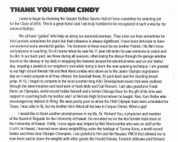 Cindy Wyatt thank you to the Greater Buffalo Sports Hall of Fame