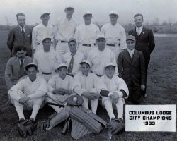 Columbus Lodge baseball team - 1933 Jamestown City Champions.
Front row: Auge Cusimano, Mike Mazzone, Casper Catanese, Louis Ferraro. Middle row: Jack Catanese, Paul Mistretta, Sam Fashano, Morrie Mistretta, Joe Glace. Back row: Phillip Mistretta, Sandy Giunta, Philip Fusco, Jack Fusco, Auge Enserro (one name missing).
Another set of names has been identified with this picture. If you have any information which may be correct please contact the CSHOF.
Front row: Benny Pollaro, Bootsy Enserro, Augie Cusimano, Jim Scarry.
Middle row: Sam Mason, Punxy Oliver, Peanuts Lodestro, Morrie Mistretta, Chris Nebro. Back row: Sandy Guinta, Louie Tabone, unknown, Jack Catanese, Frank Dominico, Sam Zanghi. Columbus Lodge baseball team