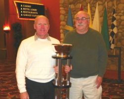 Dick Barton, shown with crew chief John Lamb (right) receives Stateline Speedway President's Award at 2012 Stateline Speedway banquet.