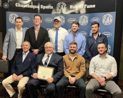 At the 2024 CSHOF induction are front row: Don Mansfield, Doug Kaltenbach, Mike Poletto and Jonathan Wilson. Back row: Nick Bertrando, Max Bates, Brent Schuster, Brock Schuster, and Brandon Johnson.
