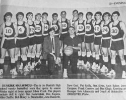Dunkirk High School 1970-71 basketball team. Dave Graf is in the center, #50. Coach Al Stuhlmiller is holding the ball. <em>Evening Observer</em> (Dunkirk). Dunkirk High School 1970-71 basketball team.