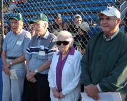 Jack Keeney (far right) with Bob Olson, Jim Mathews and Arlene James in 2009 at Diethrick Park celebrating the 70th anniversary of professional baseball in Jamestown. Jack was the mayor of Celoron where the Jamestown Pirates made their PONY League debut in 1939 playing at Celoron Park. Jack Keeney (far right) with Bob Olson, Jim Mathews and Arlene James in 2009.