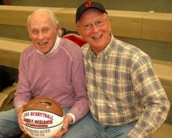 Jim McElrath and CSHOF president Randy Anderson at the rededication of McElrath Gymnasium at Jamestown High School, December 14, 2013.