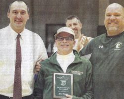 Jim Riggs, center, is flanked by Keith Martin, Jamestown Community College Athletic Director, left,
and George Sisson, JCC men's basketball coach, in this December 2014 photo.
<em>Post-Journal</em> (Jamestown) photo by Mark L. Anderson. Jim Riggs, center, is flanked by Keith Martin, left, and George Sisson,