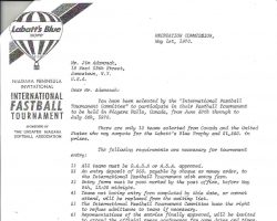 International Fastball Tournament letter of selection. May 1, 1970.