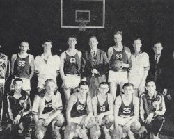 1961 Panama Central School basketball Class C section 6 champions. Front row, left to right: Jon Rowe, Duane Faulkner, Bill Nordblum, Lee Hitchcock, Bruce Manwaring, Chuck MacDonnell. Back row, left to right: Jim Sard, Paul Seekins, Claude Diemwe, Errol Swanson, Jim McElrath, Randy Otander, Ron Morse, Brady Fulmer, Tim Dalrymple.
