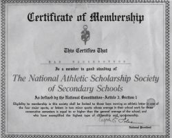 National Athletic Scholarship Society member certificate. National Athletic Scholarship Society member certificate.