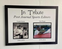 The Jamestown Tarp Skunks installed this tribute in the press box at Diethrick Park.