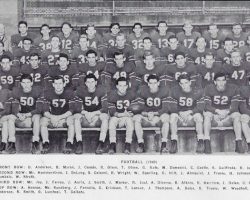 1950 Jamestown High School football team. Ted Olsen is in front row, #54.