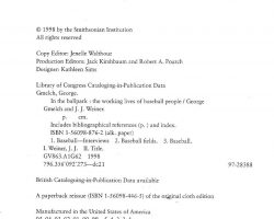 Title page of <em>In The Ballpark.</em> by George Gmelch and J.J. Weiner, J.J., 1998. Title page of In The Ballpark.