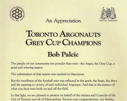 Toronto Argonauts Grey Cup Champions certificate.