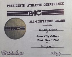 Chris Carlson was an All-Conference volleyball selection in 1991 at Grove City College. Chris Carlson was an All-Conference volleyball selection in 1991 at Grove City College.