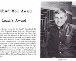 Richard Mole Award and Coach's Award announcement from the 1969 Jamestown High School <em>Red & Green</em> yearbook. Richard Mole Award and Coach's Award announcement from the 1969 Jamestown High School Red & Green yearbook.