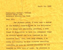 Letter from Dr. Blaisdell to Medical Reserves. September 14, 1940.